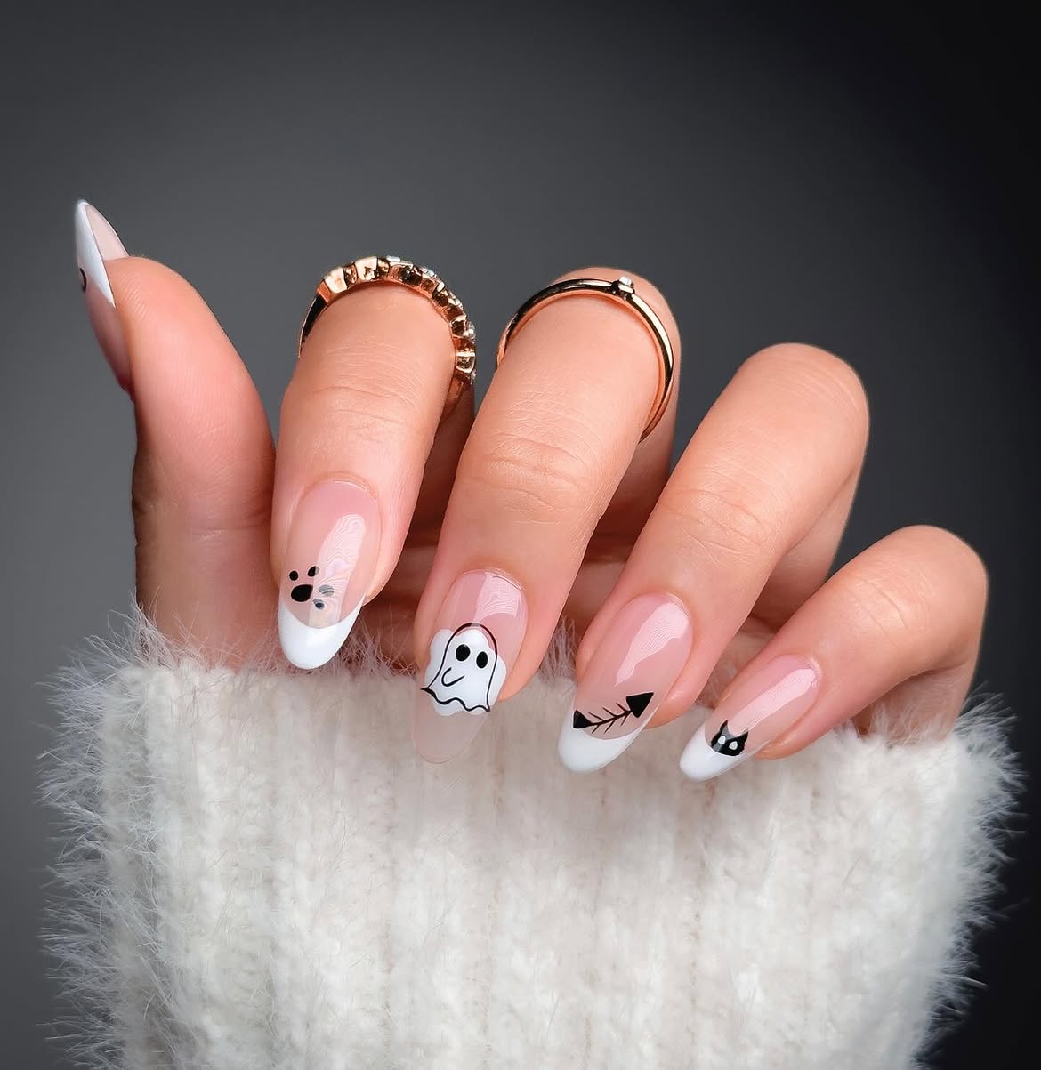 Cute Halloween French Tip Ghost & Cat Nails