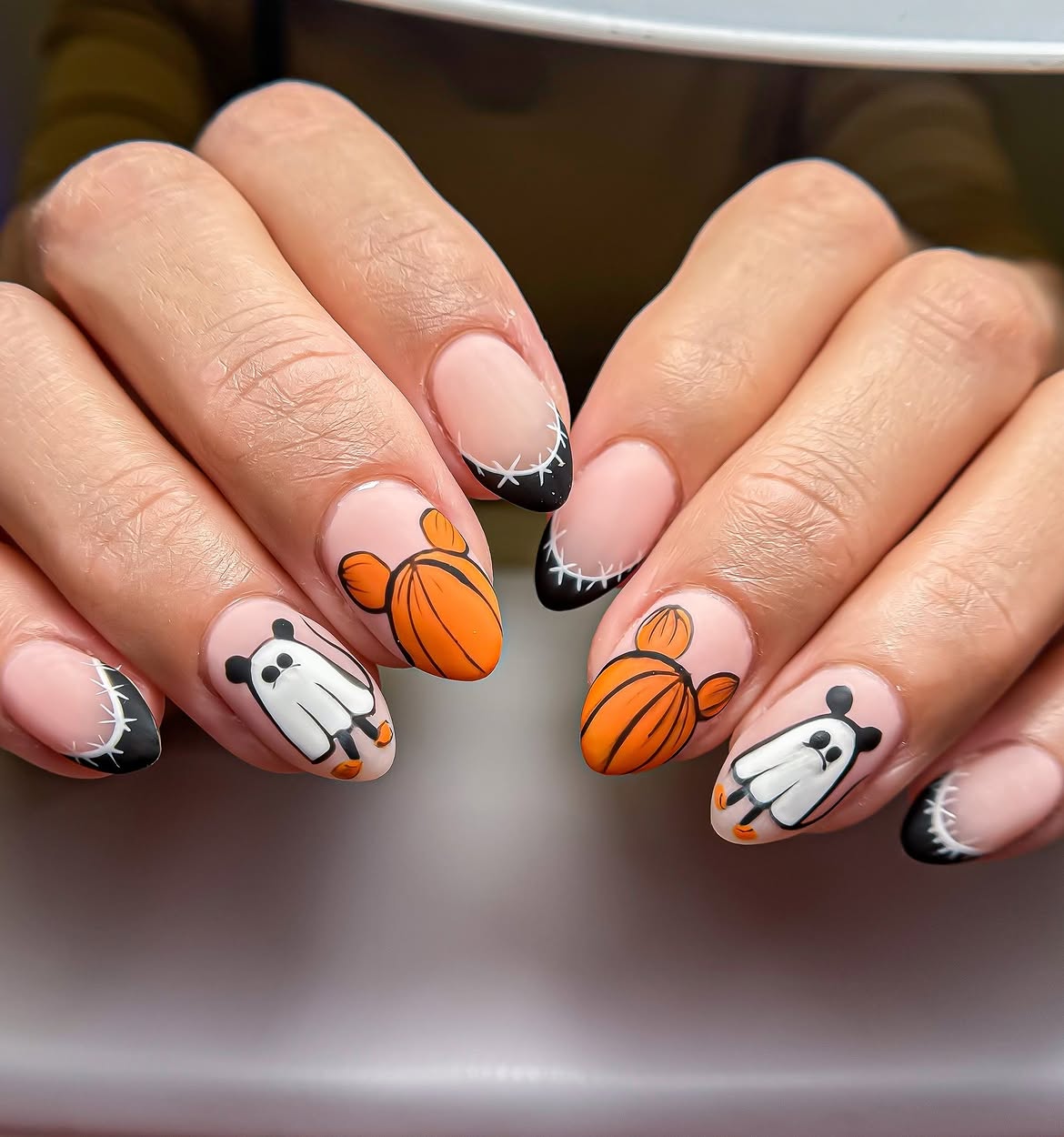Cute Halloween Ghost and Pumpkin French Tip Nails