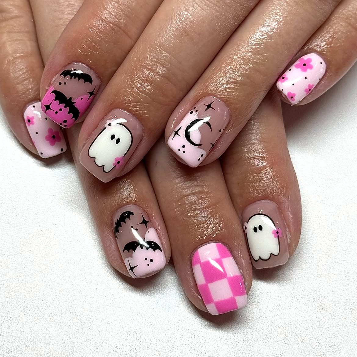 Cute Pink Halloween Ghost and Bat Nails