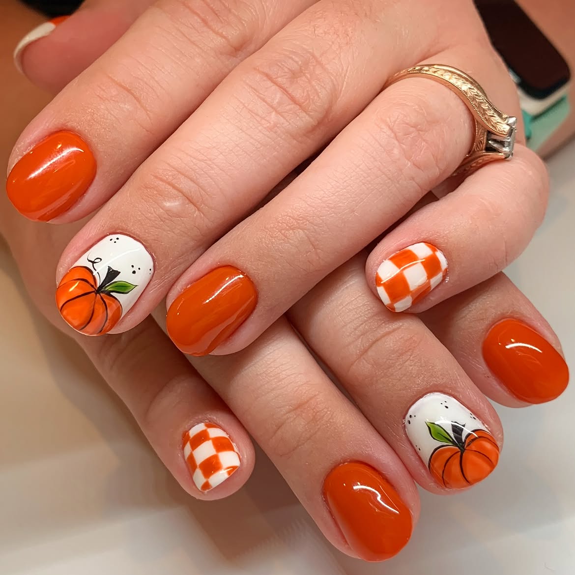 Cute Pumpkin Patch Checkerboard Nails