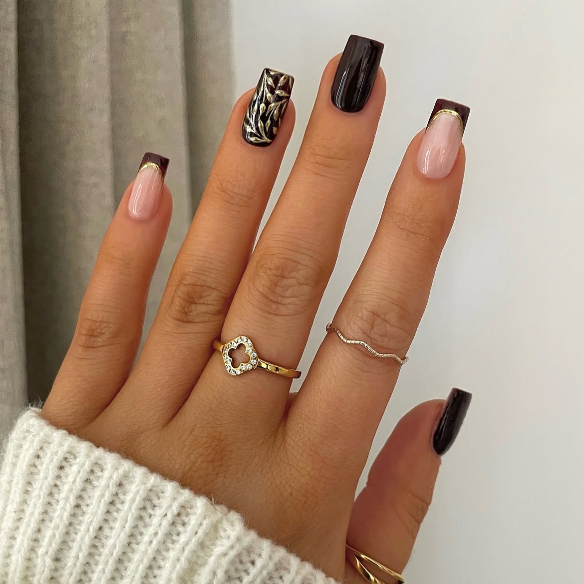 Dark Chocolate French Tip Nails with Gold Leaf Art