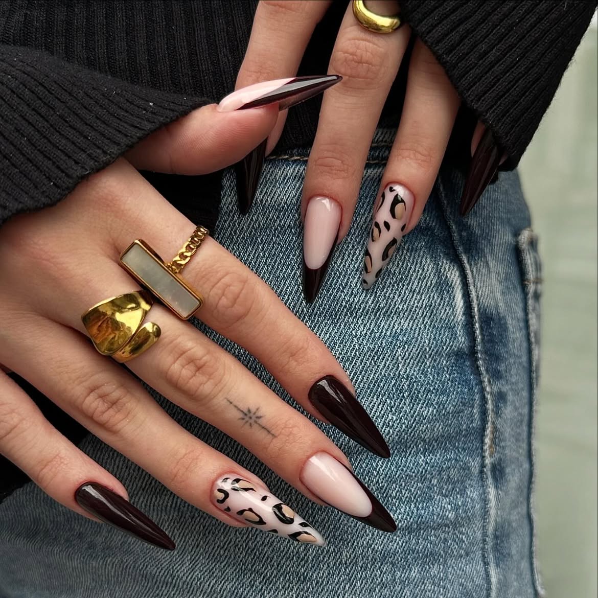 Dark Chocolate & Leopard Stiletto French Tips