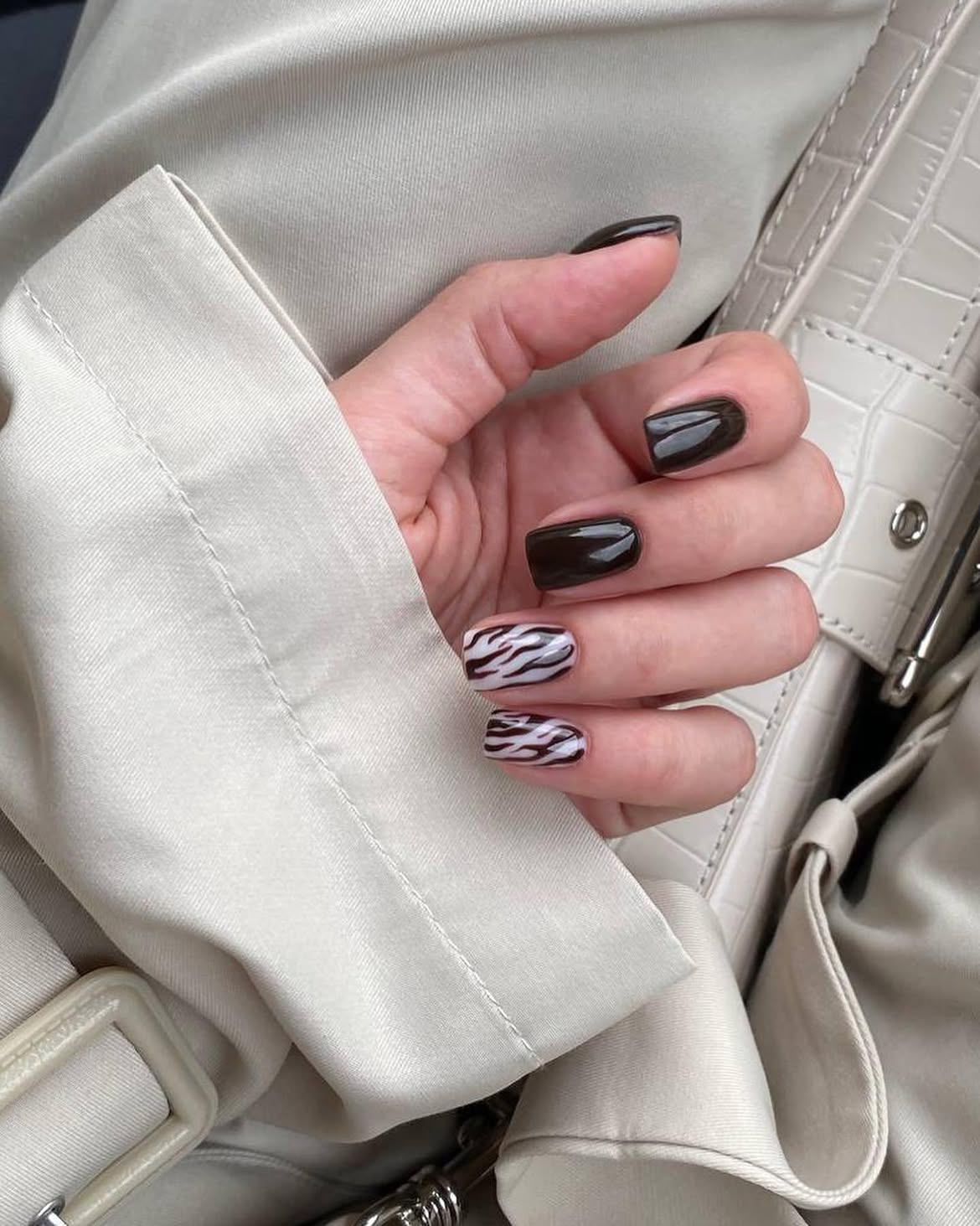 Dark Chocolate Zebra Print Short Square Nails