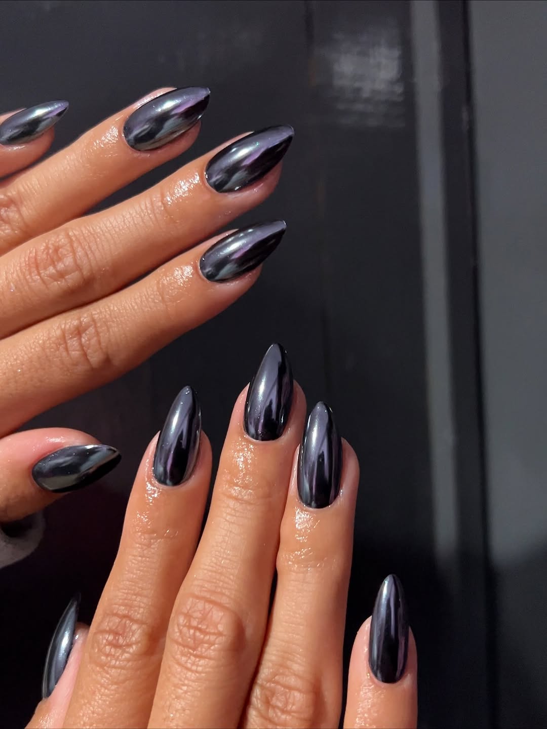 Dark Chrome Stiletto Nails with Iridescent Shift