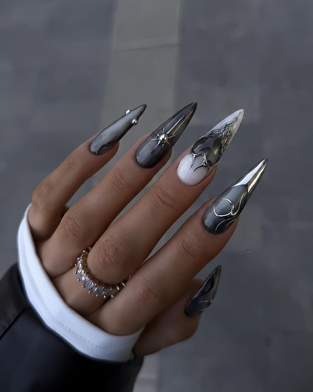 Dark Chrome Swirl Stiletto Nails