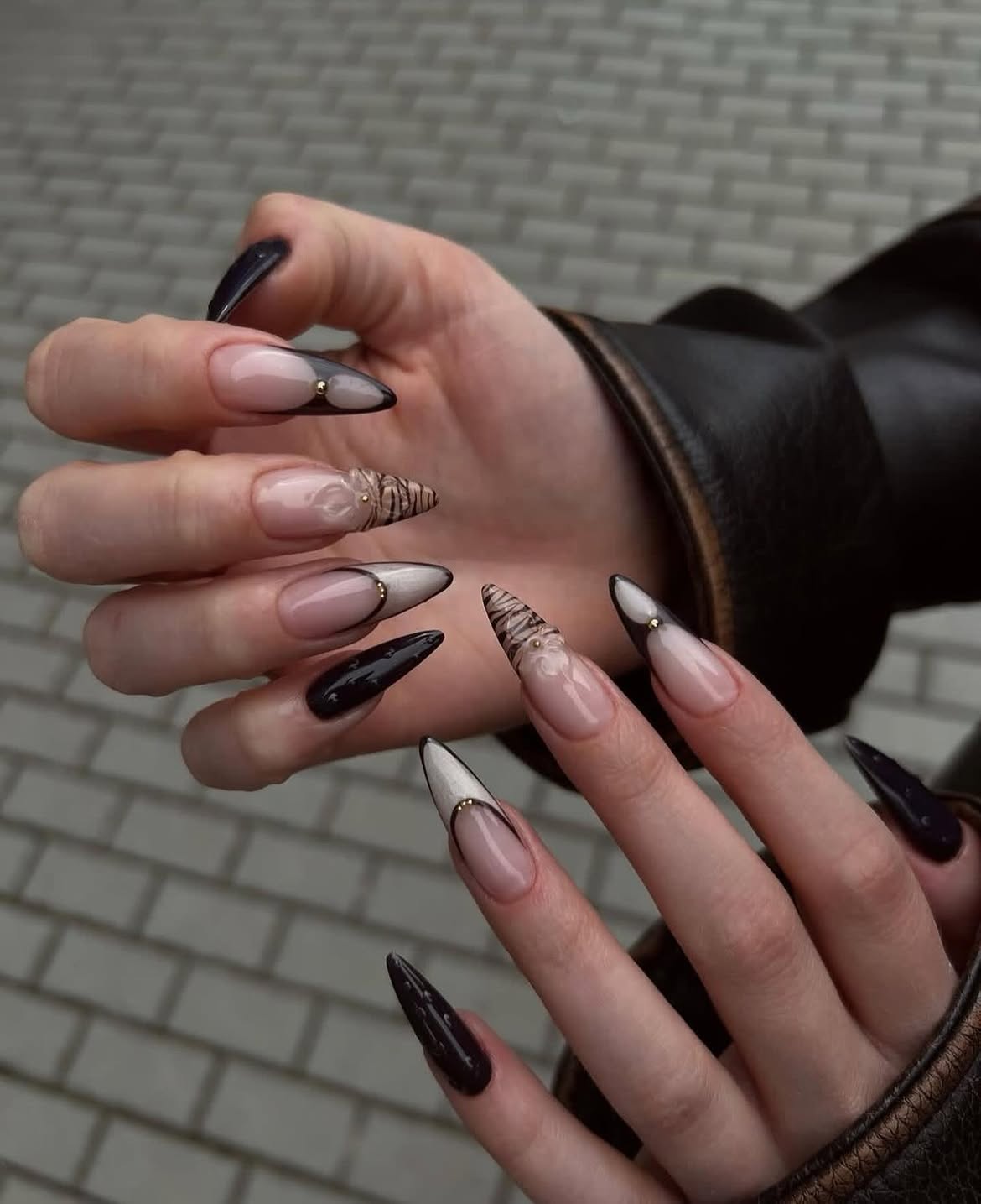 Dark Fall French Tip Stiletto Nails