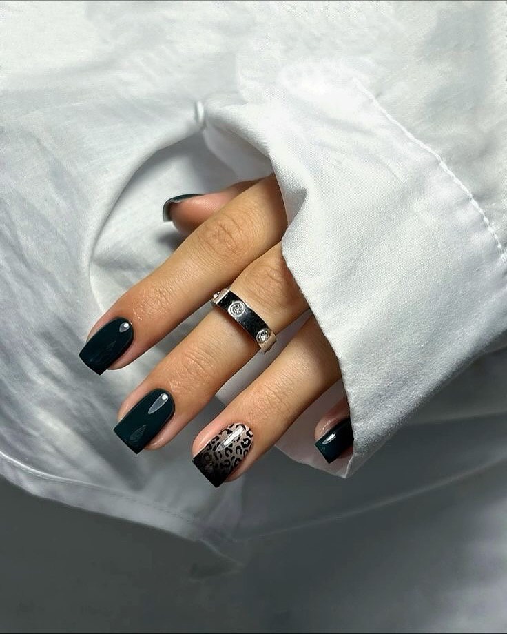 Dark Teal Leopard Print Square Nails