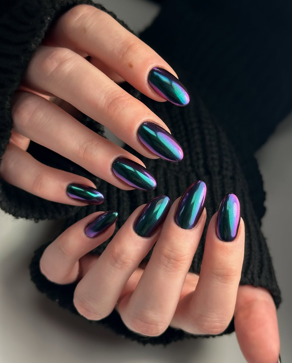 Dark Teal Purple Chrome Almond Nails