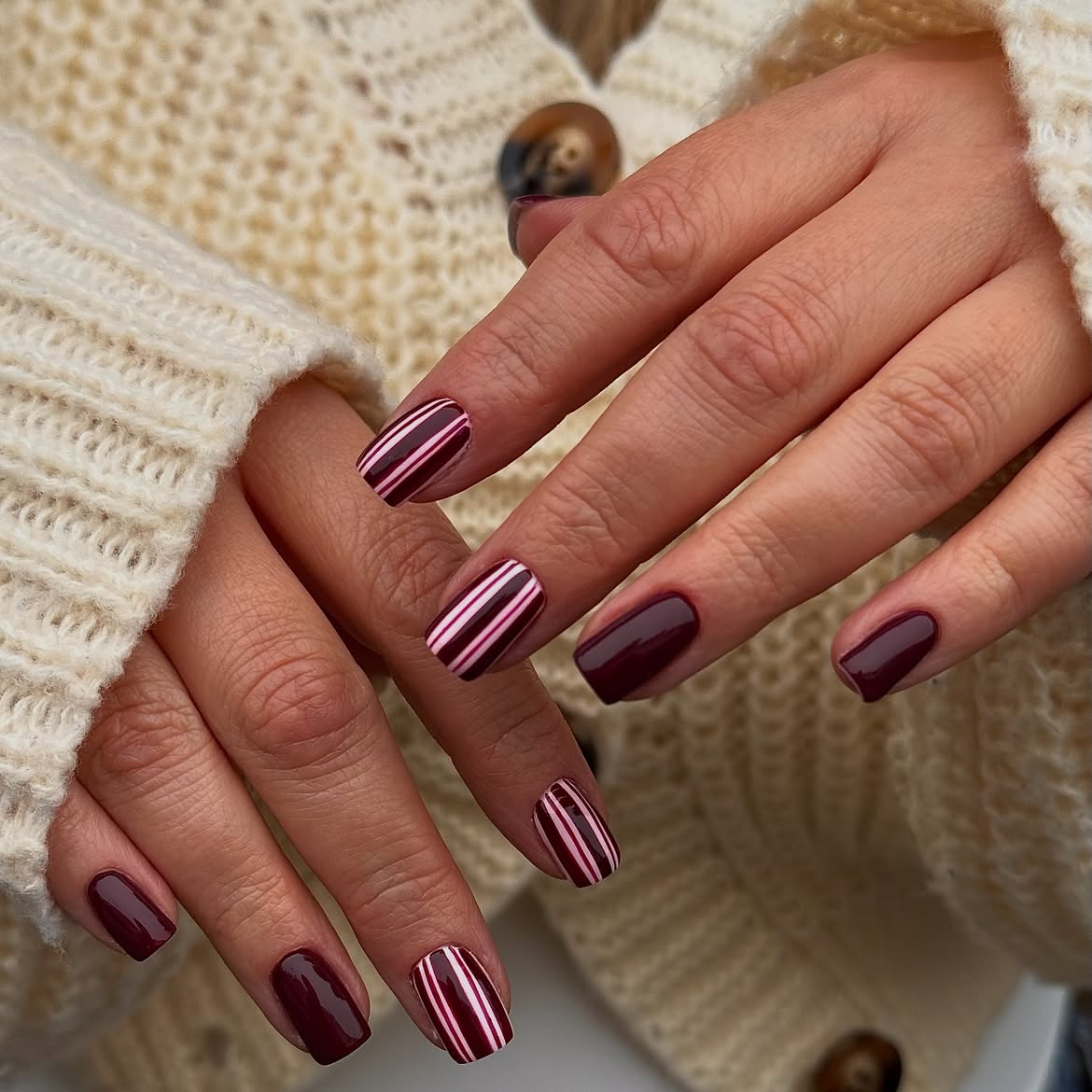 Deep Berry And Pink Striped Short Nails