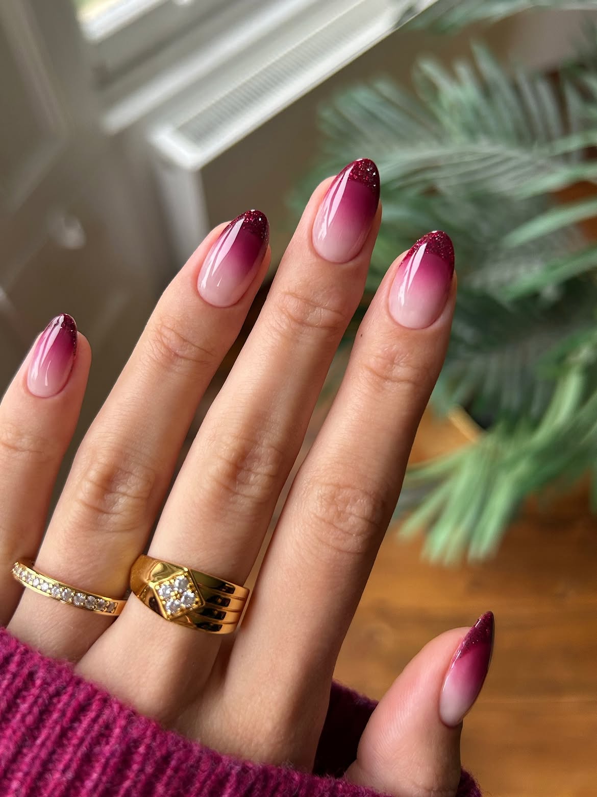 Deep Berry Glitter Ombre Almond Nails