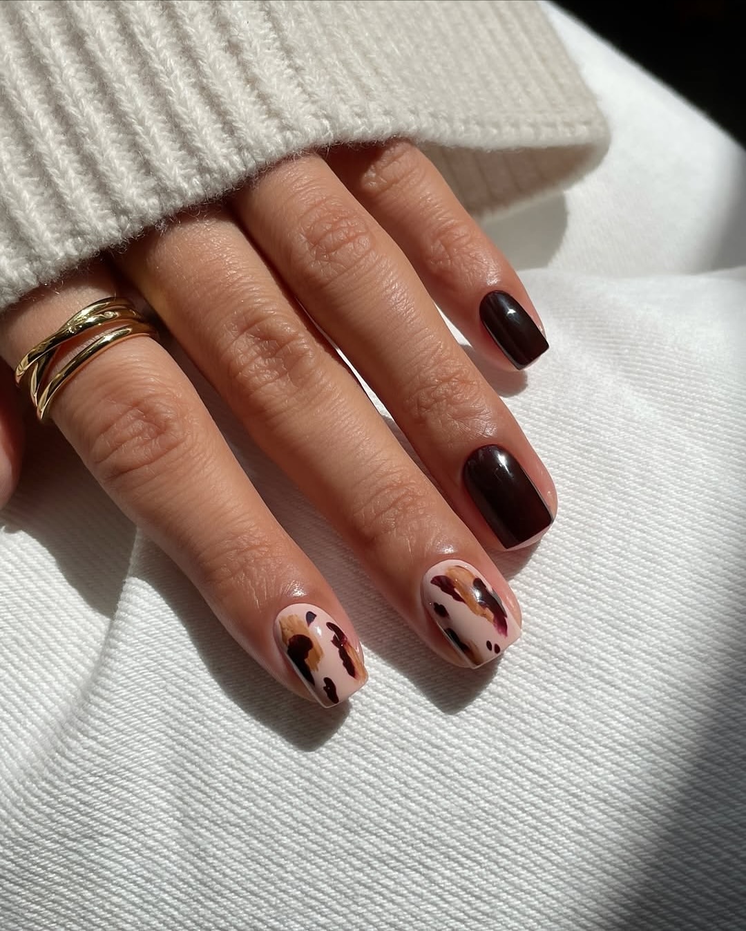 Deep Brown And Abstract Swirl Short Nails