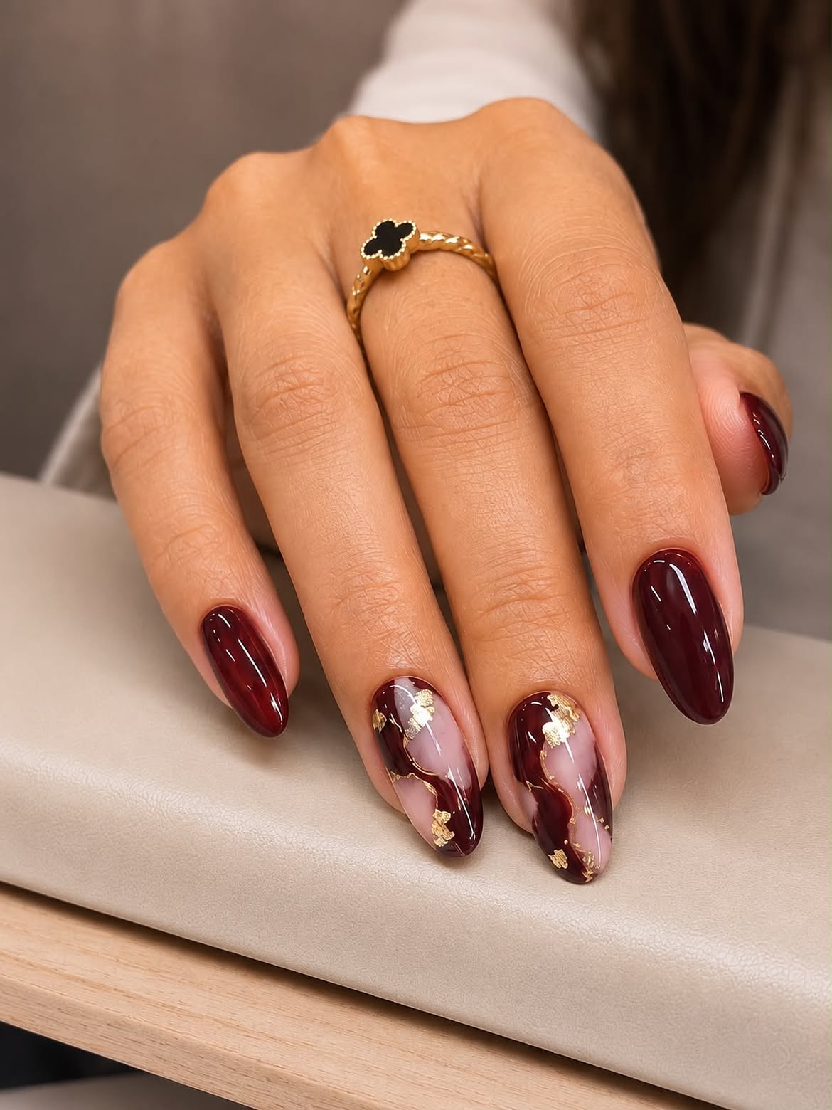 Deep Burgundy and Marble Gold Foil Almond Nails