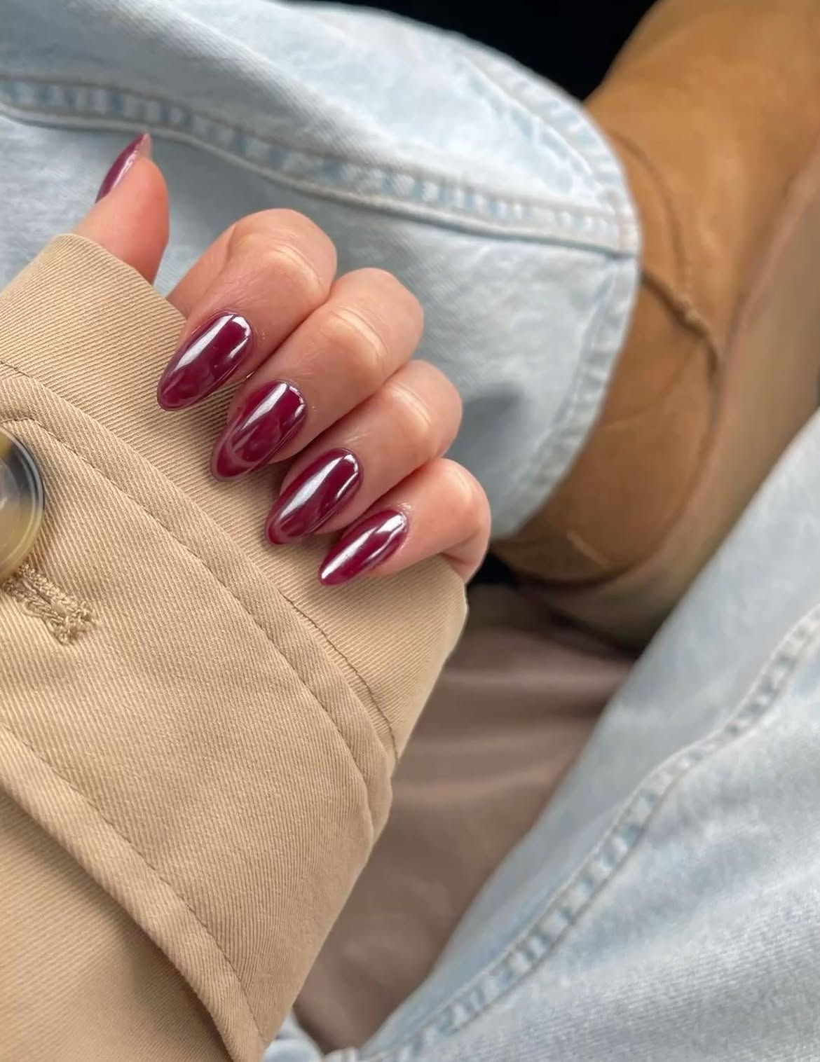 Deep Burgundy Chrome Almond Nails