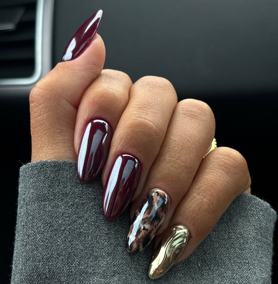 Deep Burgundy Chrome and Animal Print Stiletto Nails