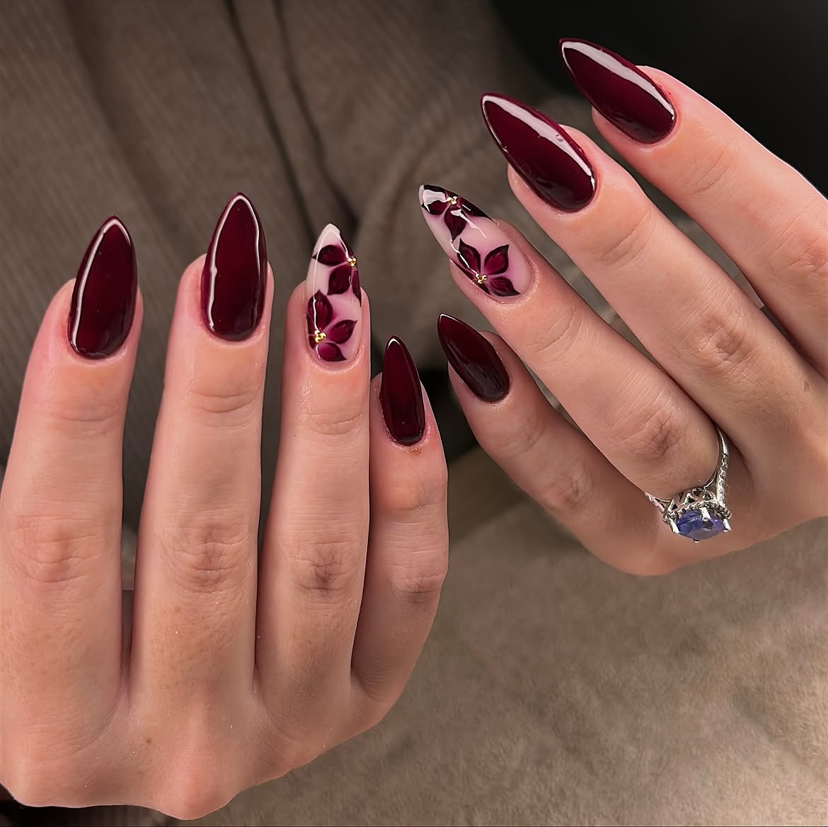 Deep Burgundy Floral Almond Nails