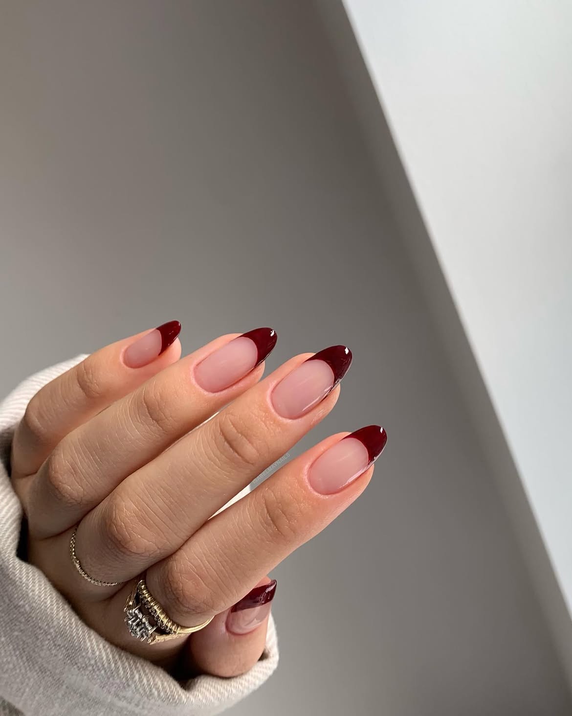 Deep Burgundy French Tip Almond Nails