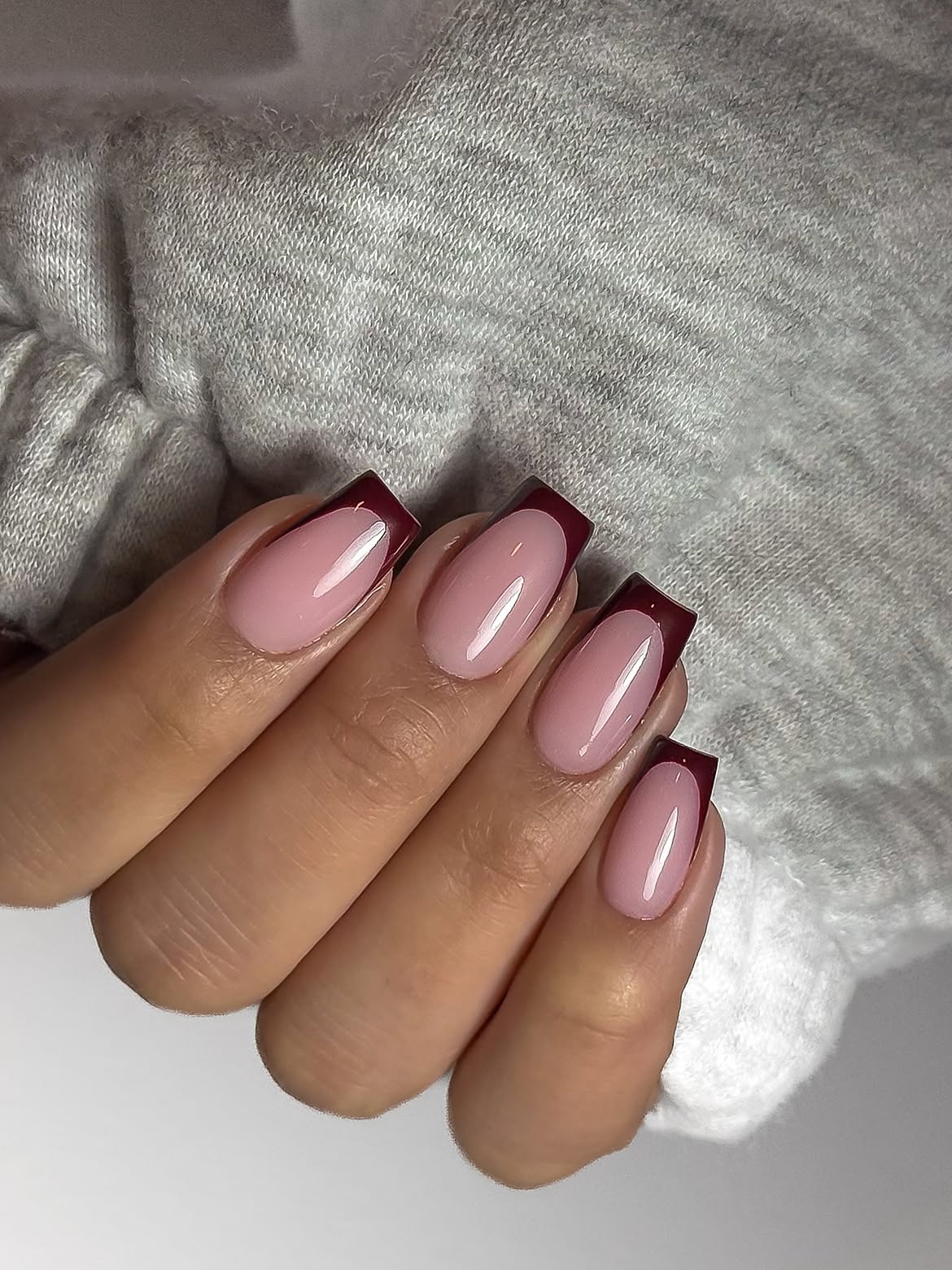 Deep Burgundy French Tip Oval Nails