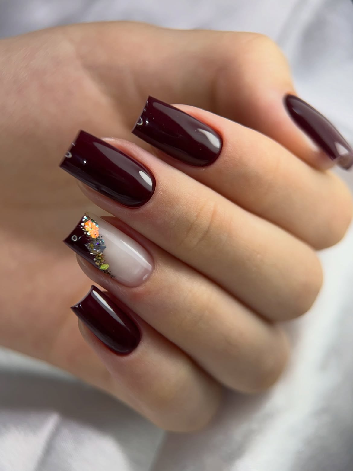 Deep Burgundy French Tip with Glitter Accent