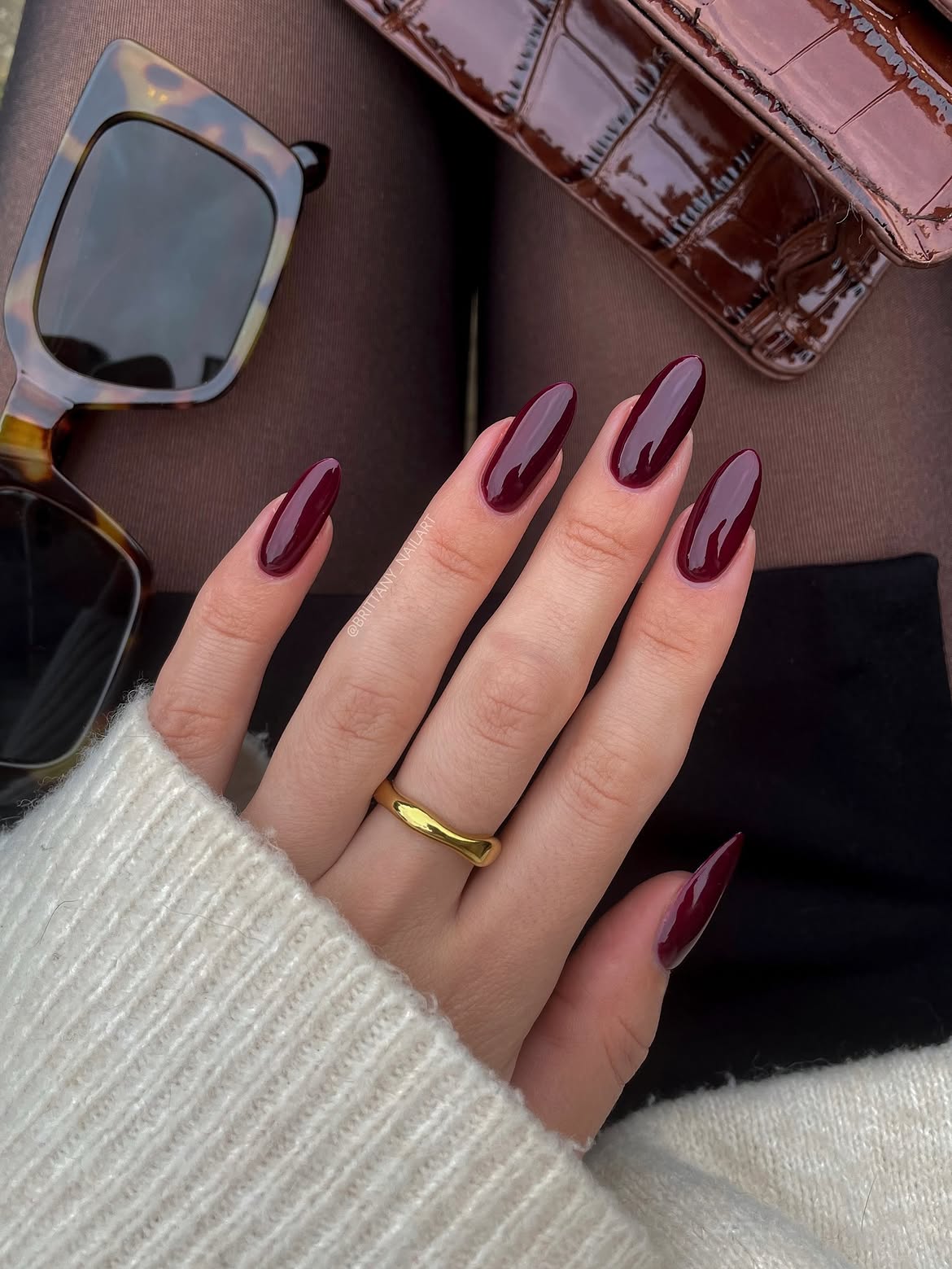 Deep Burgundy Glossy Almond Nails