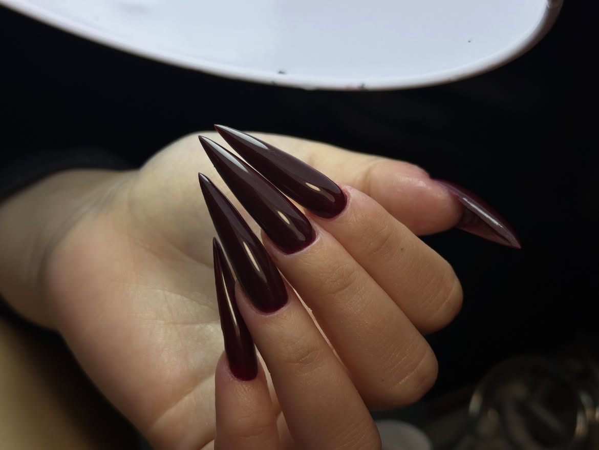 Deep Burgundy Glossy Stiletto Nails