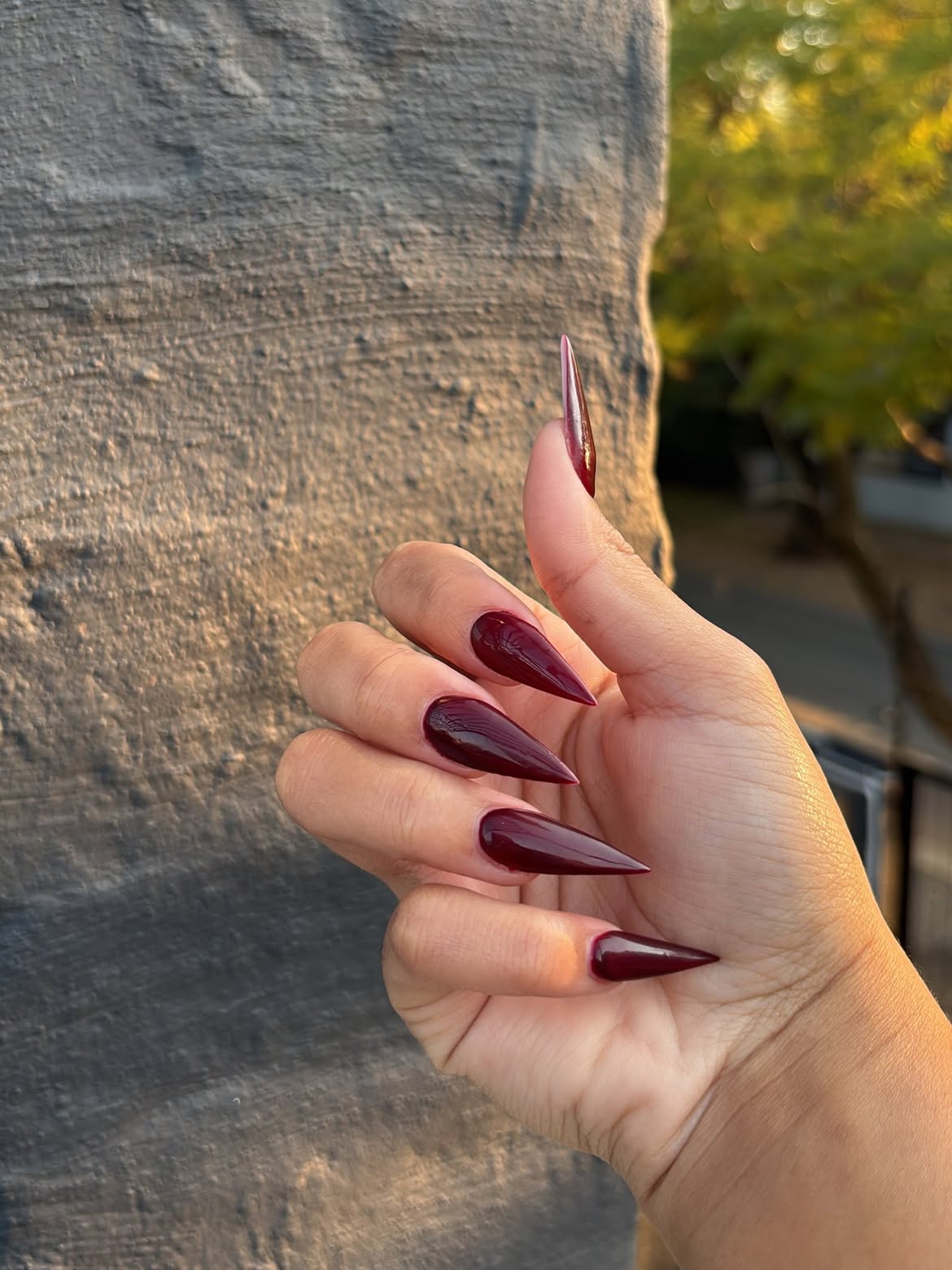 Deep Burgundy Glossy Stiletto Nails
