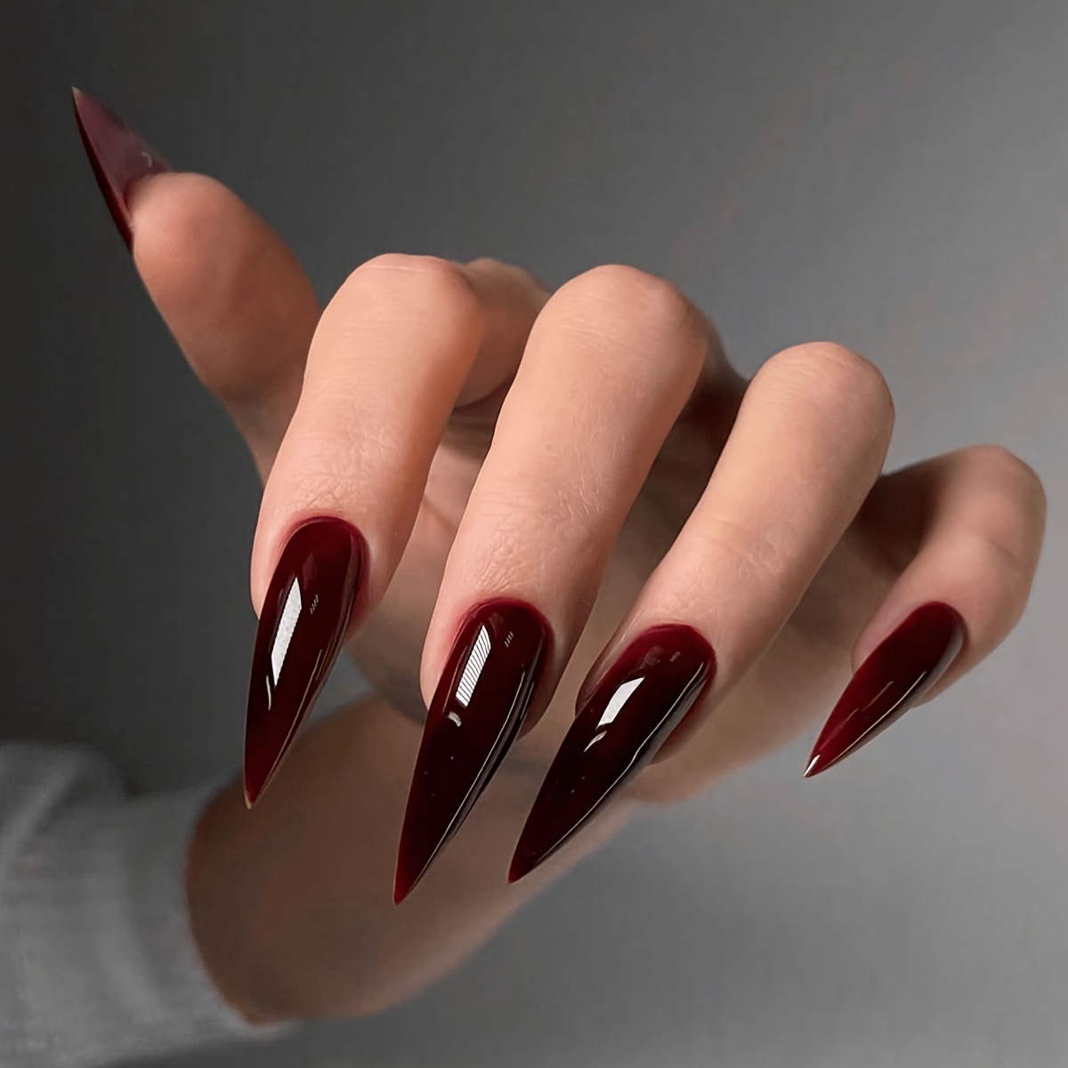 Deep Burgundy Glossy Stiletto Nails