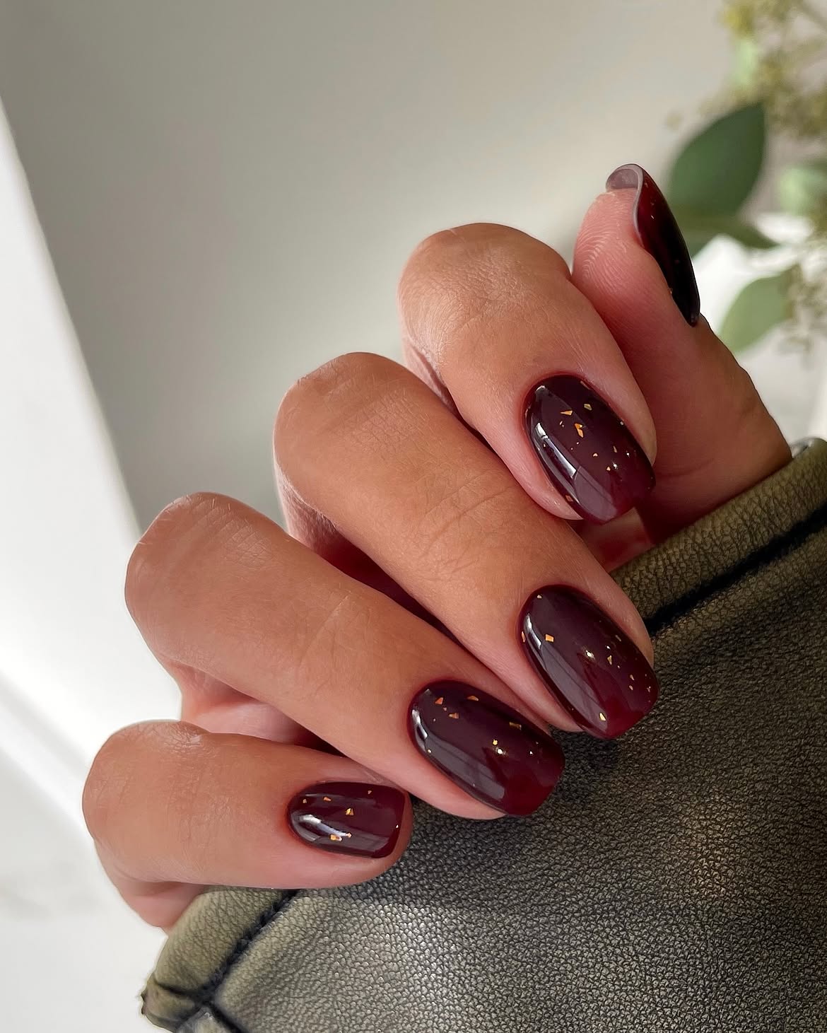 Deep Burgundy Jelly Nails With Gold Flakes