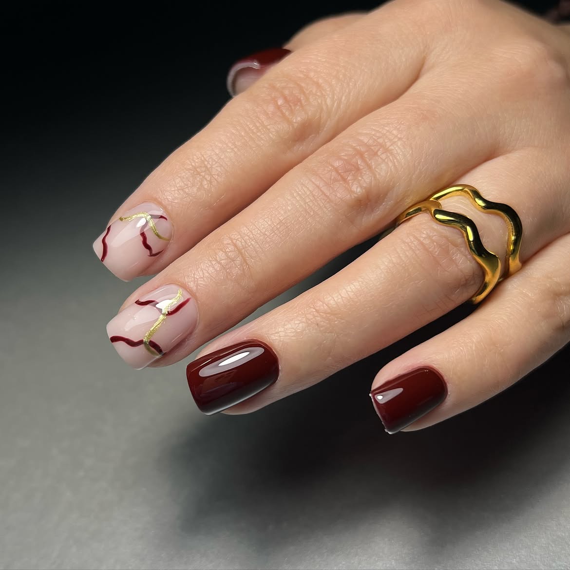 Deep Burgundy & Nude Swirl Marble Nails