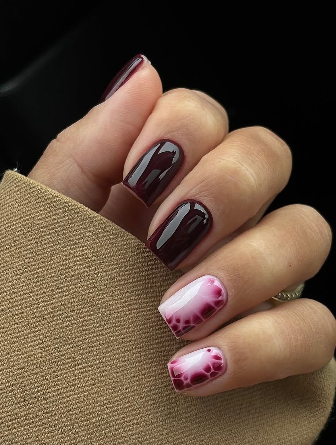 Deep Burgundy Ombre With Pink Marble Accents