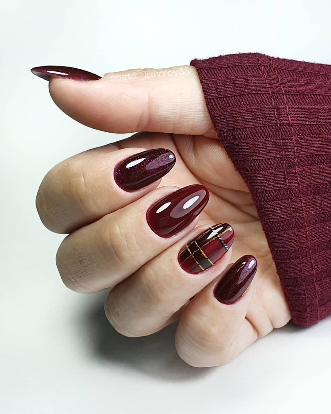 Deep Burgundy Plaid Almond Nails