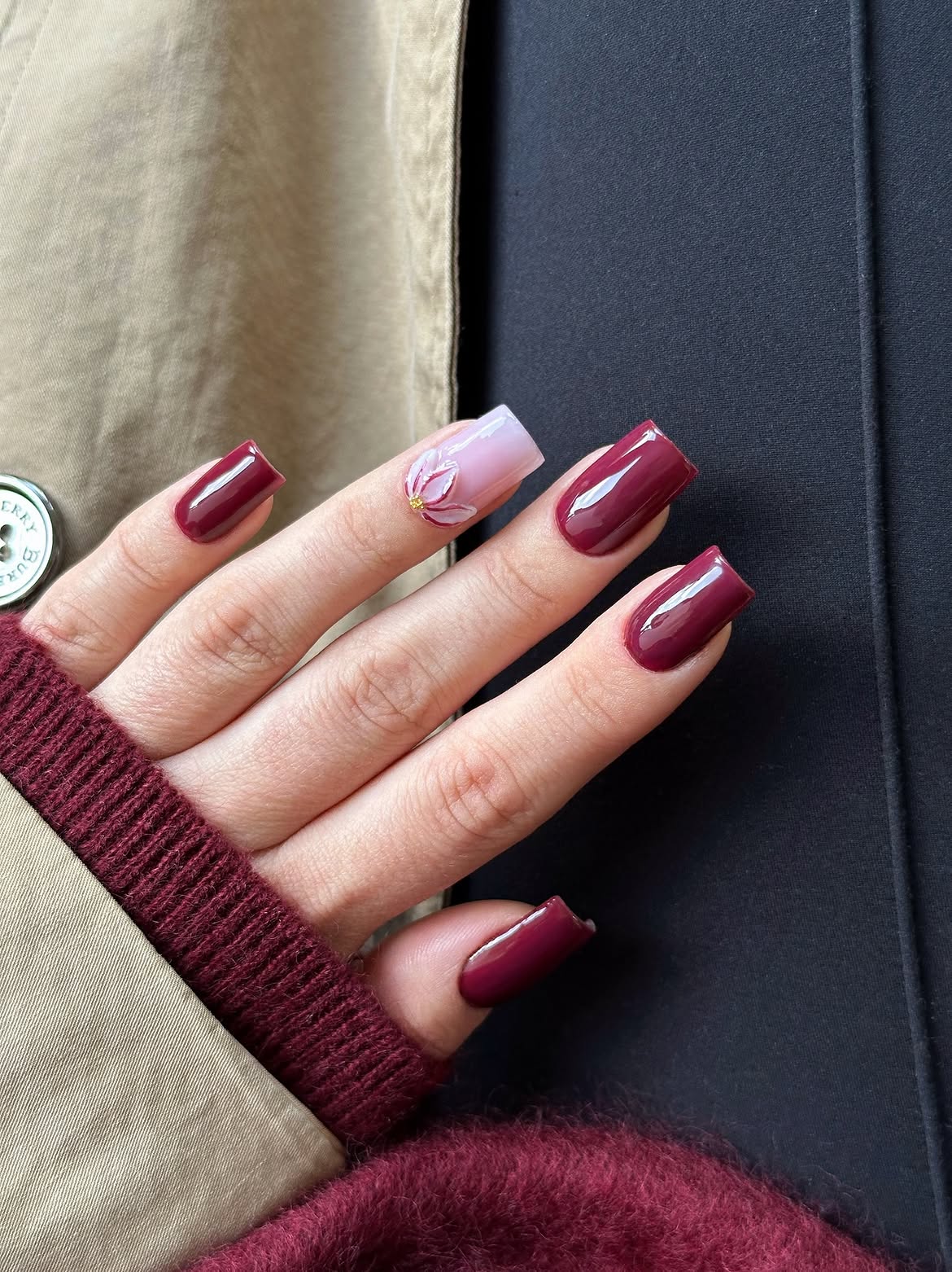 Deep Burgundy Square French with Floral Accent Nail