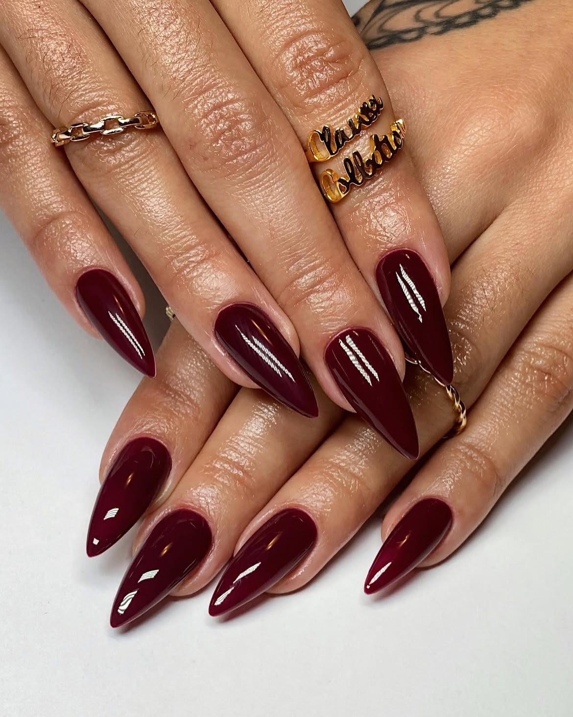Deep Burgundy Stiletto Glossy Manicure