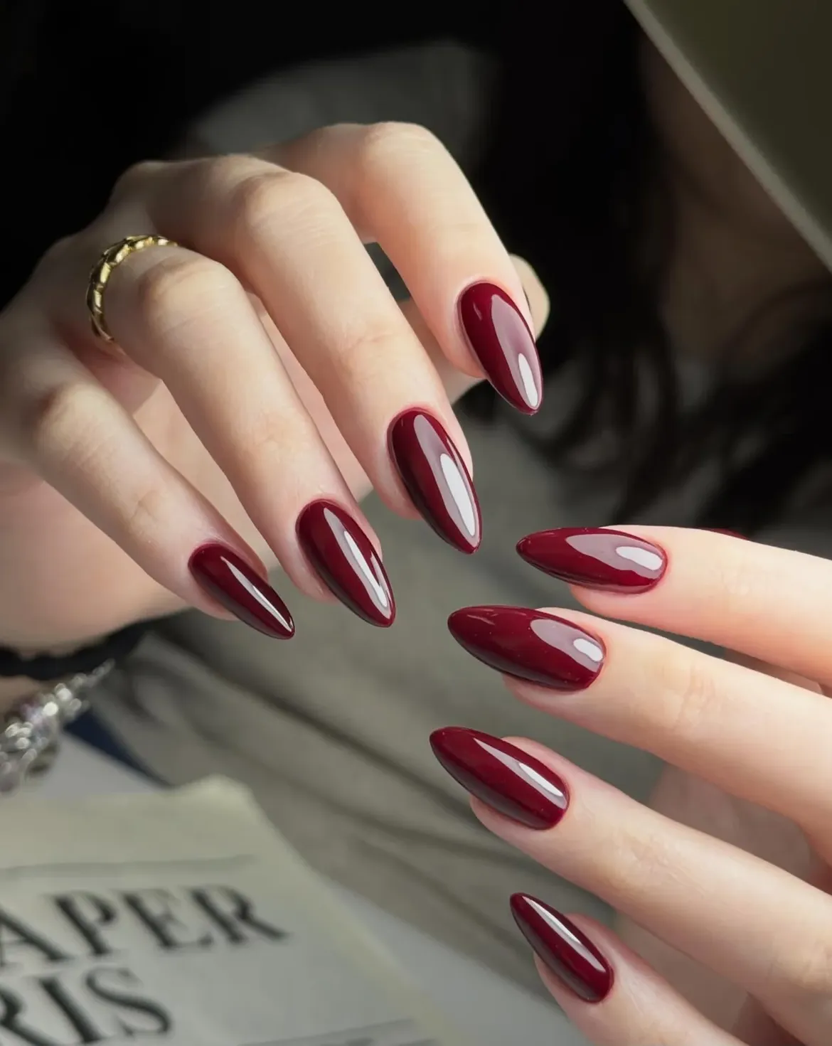 Deep Cherry Red High Gloss Almond Nails