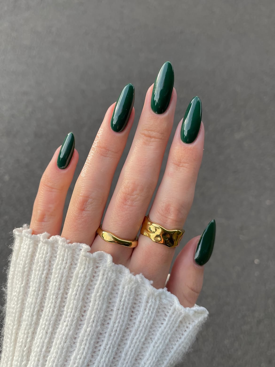 Deep Emerald Green Glossy Almond Nails