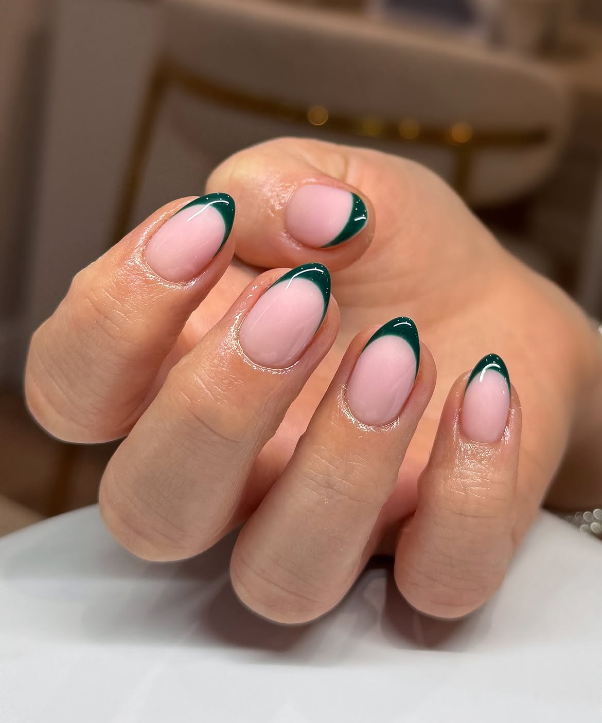 Deep Forest Green French Tip Almond Nails