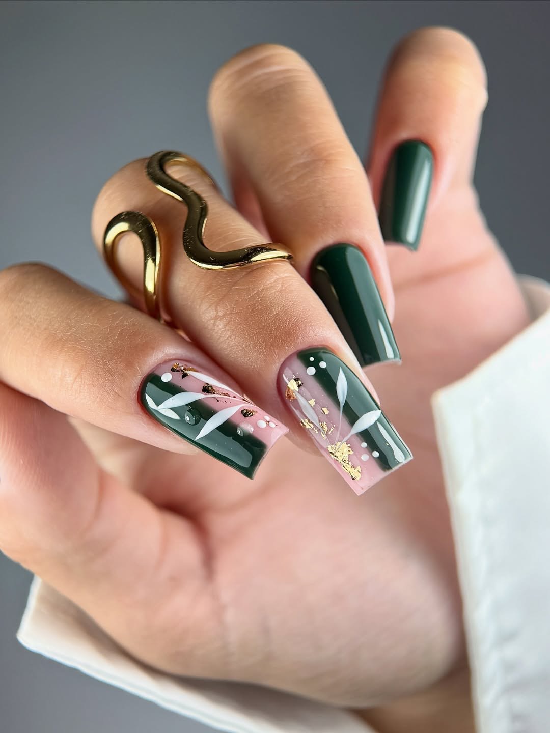 Deep Forest Green French Tip Floral Art