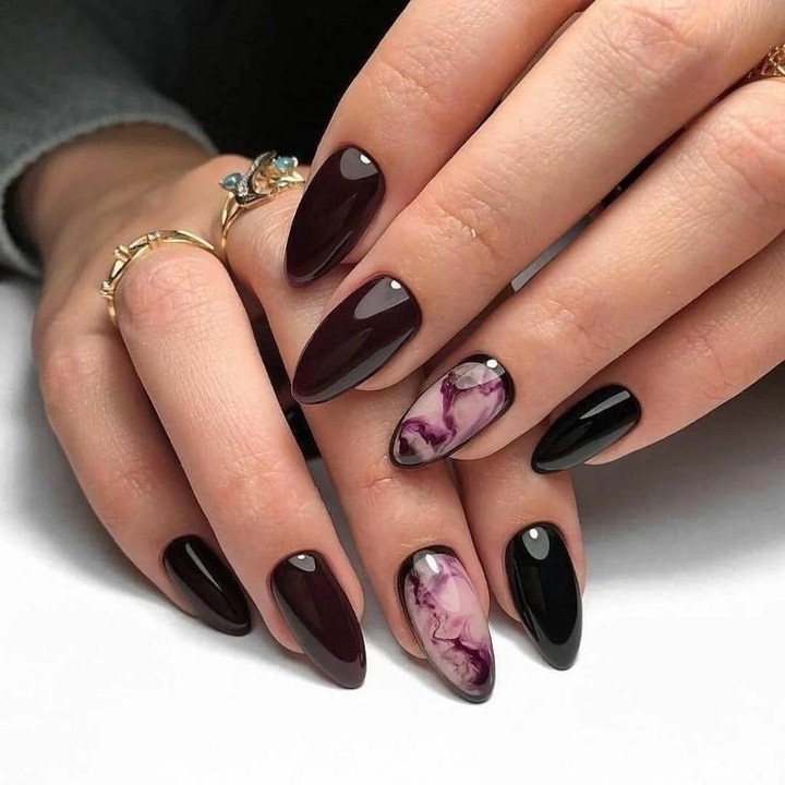 Deep Plum and Black Marble Almond Nails