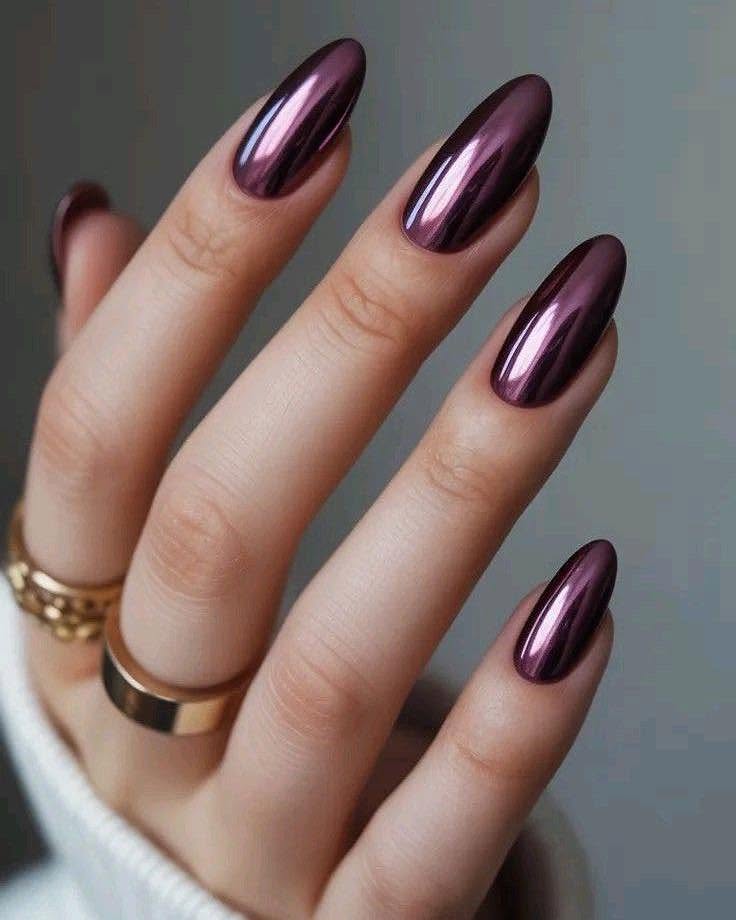Deep Plum Chrome Almond Nails
