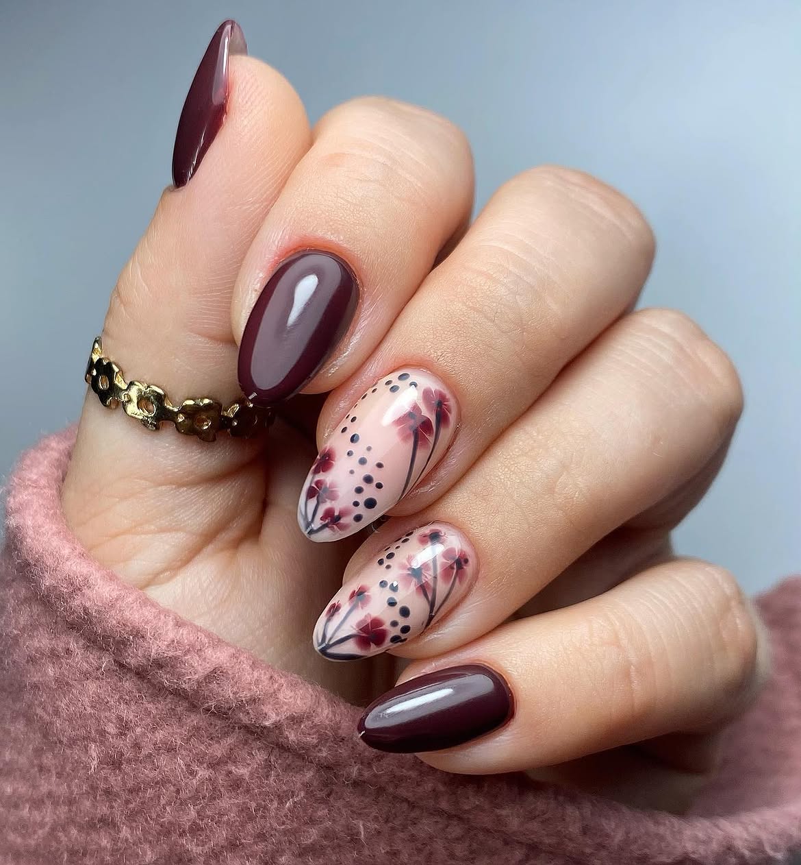 Deep Plum Floral Accent Almond Nails
