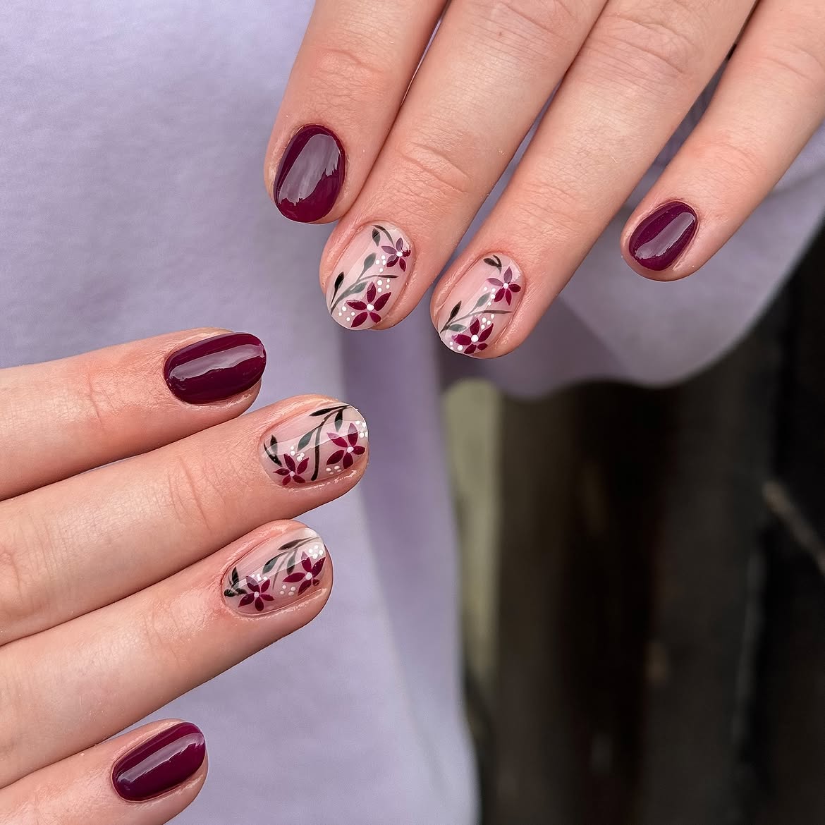 Deep Plum Floral Accent Nails