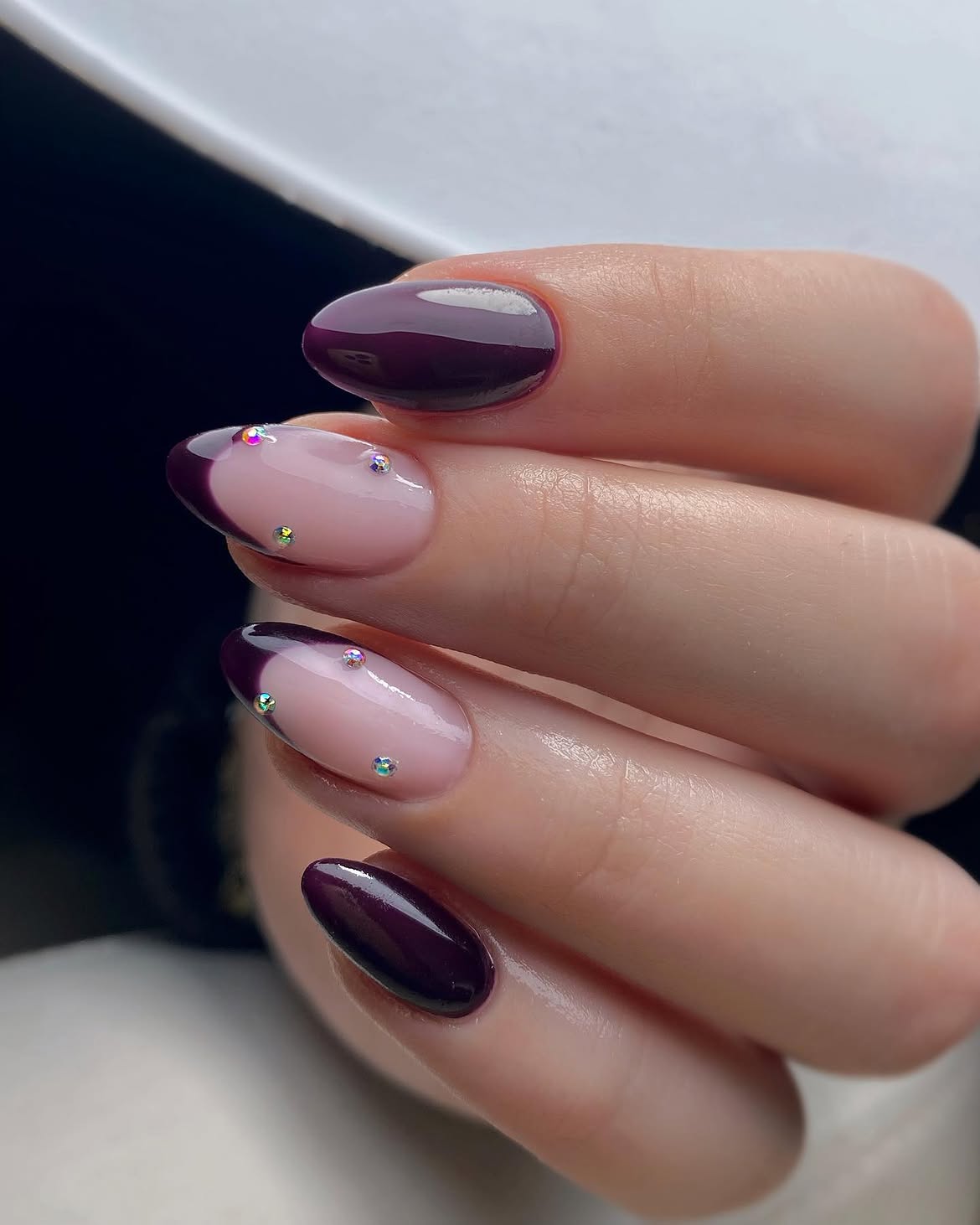 Deep Plum French Ombre with Rhinestone Accents