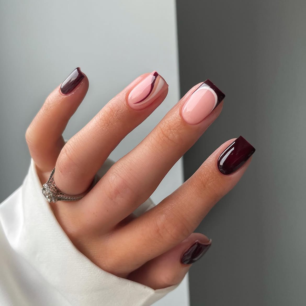 Deep Plum French Swirl Square Nails