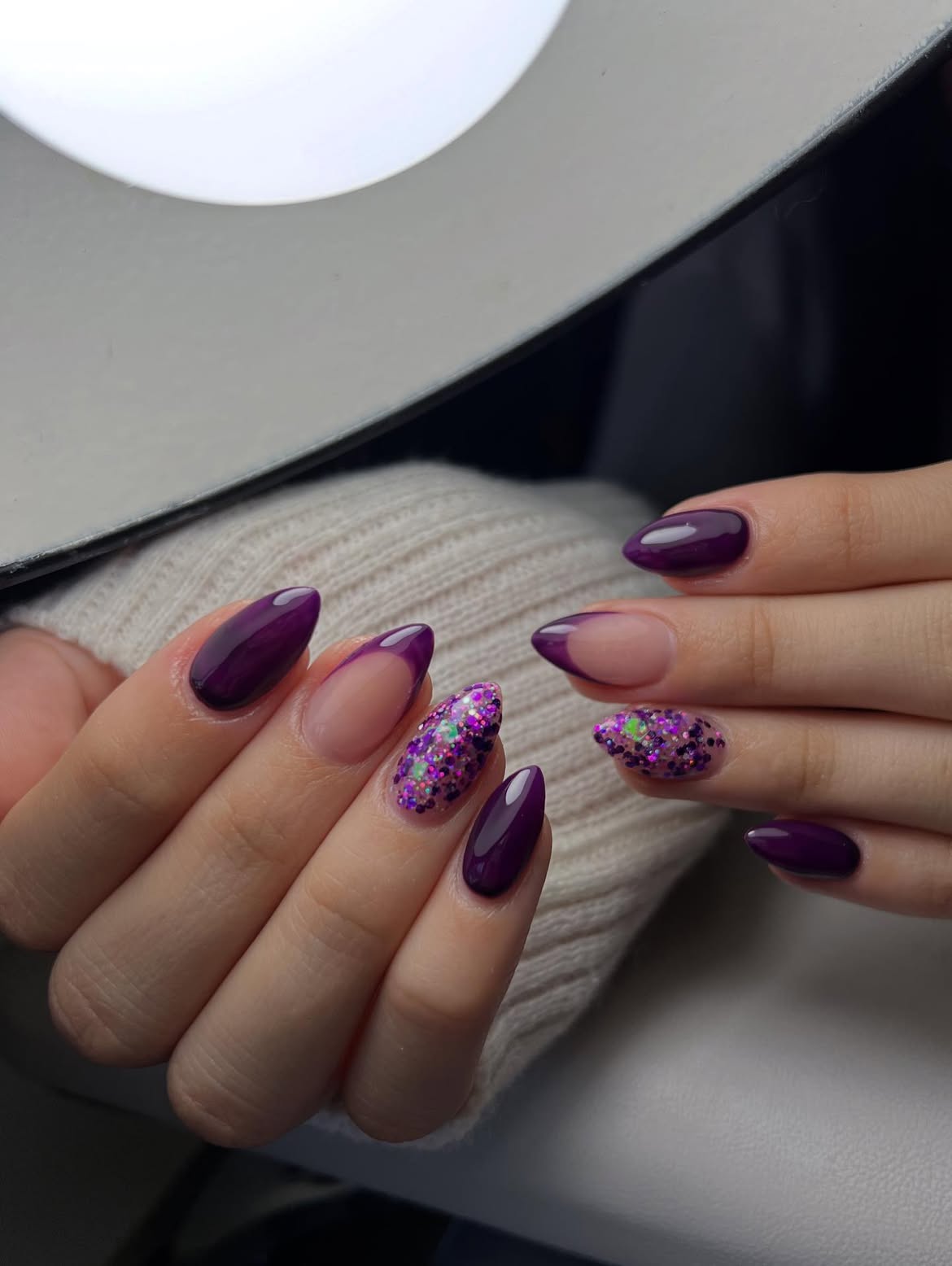 Deep Plum French Tips with Glitter Accent Nails