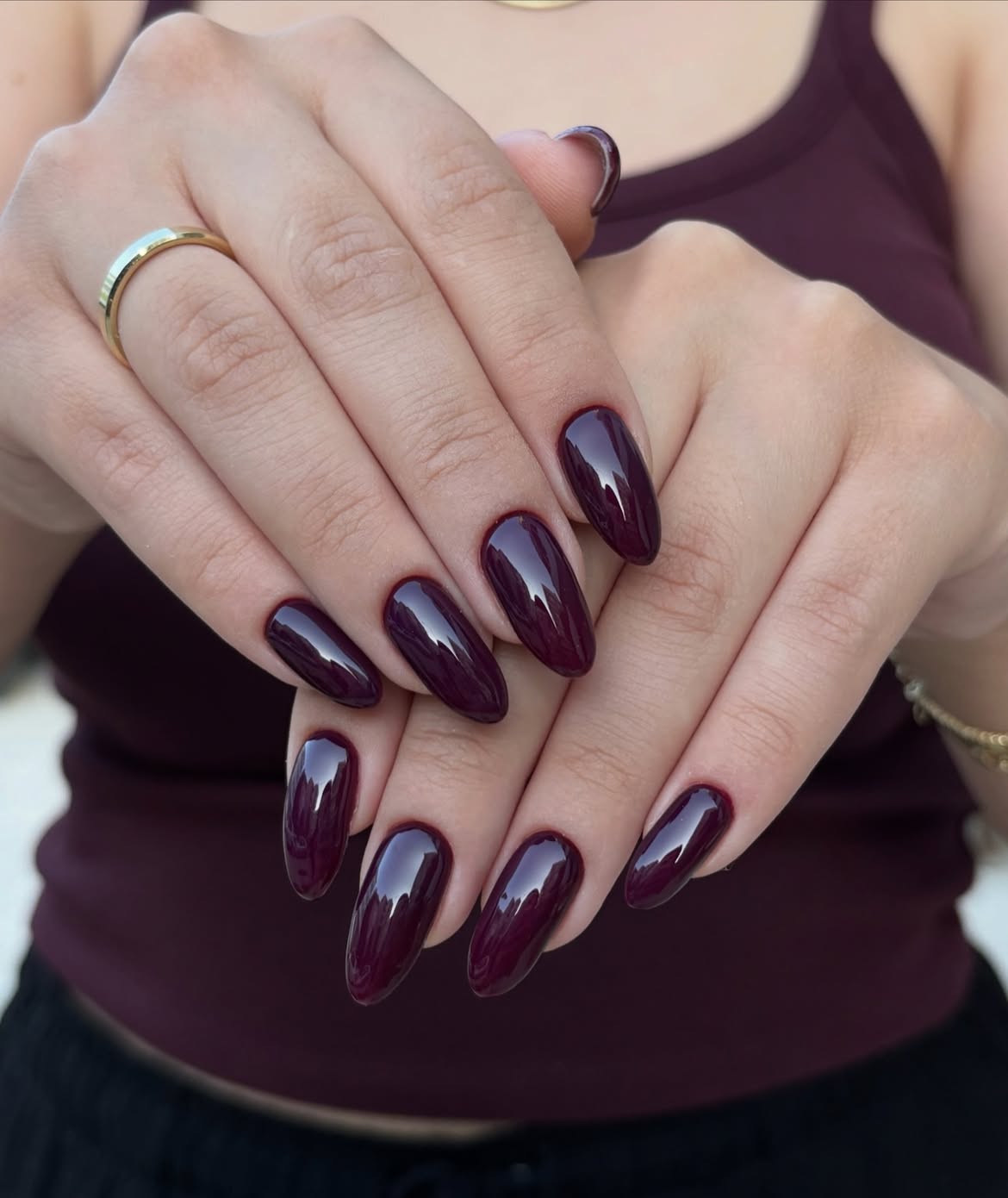 Deep Plum Glossy Almond Shape Nails