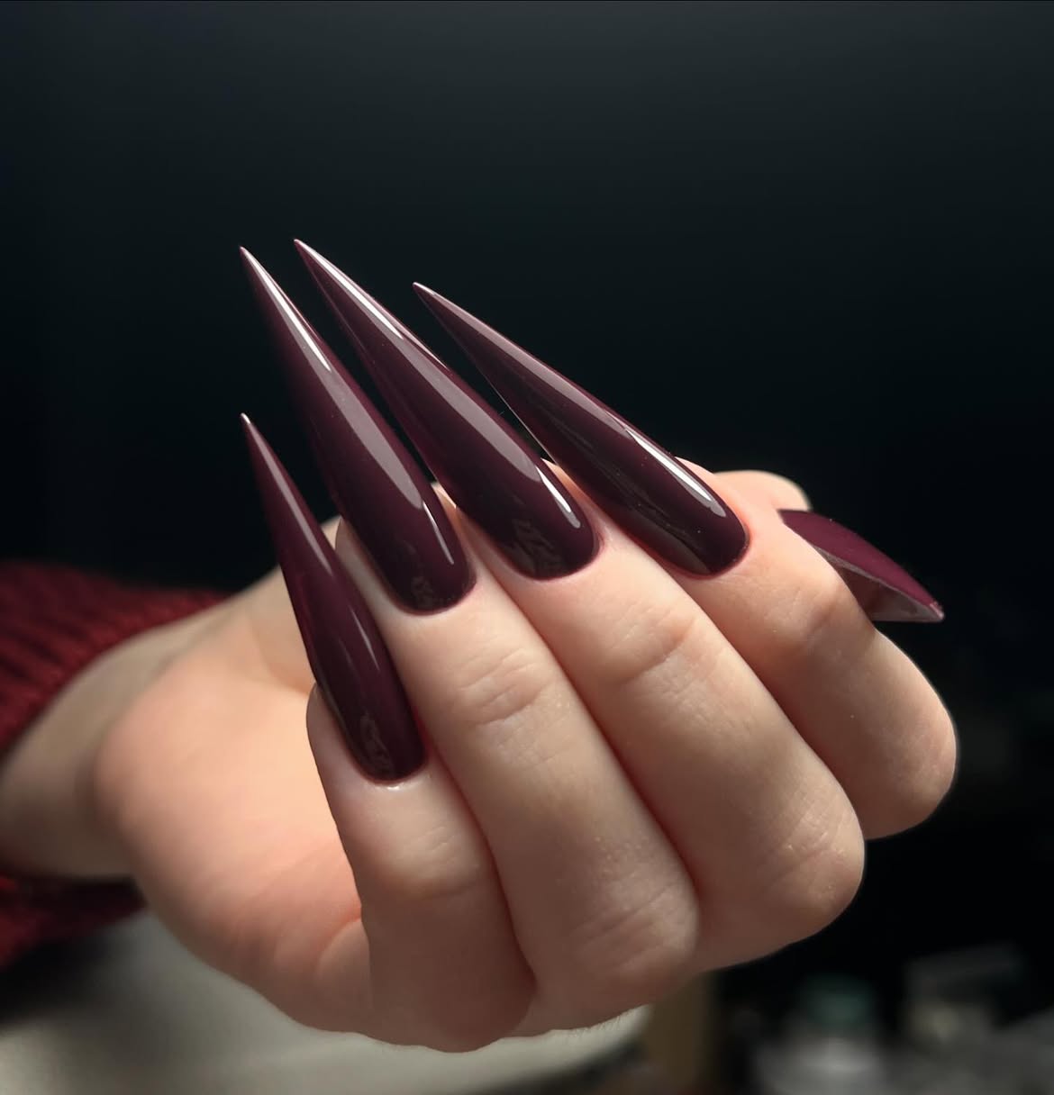 Deep Plum Glossy Stiletto Nails