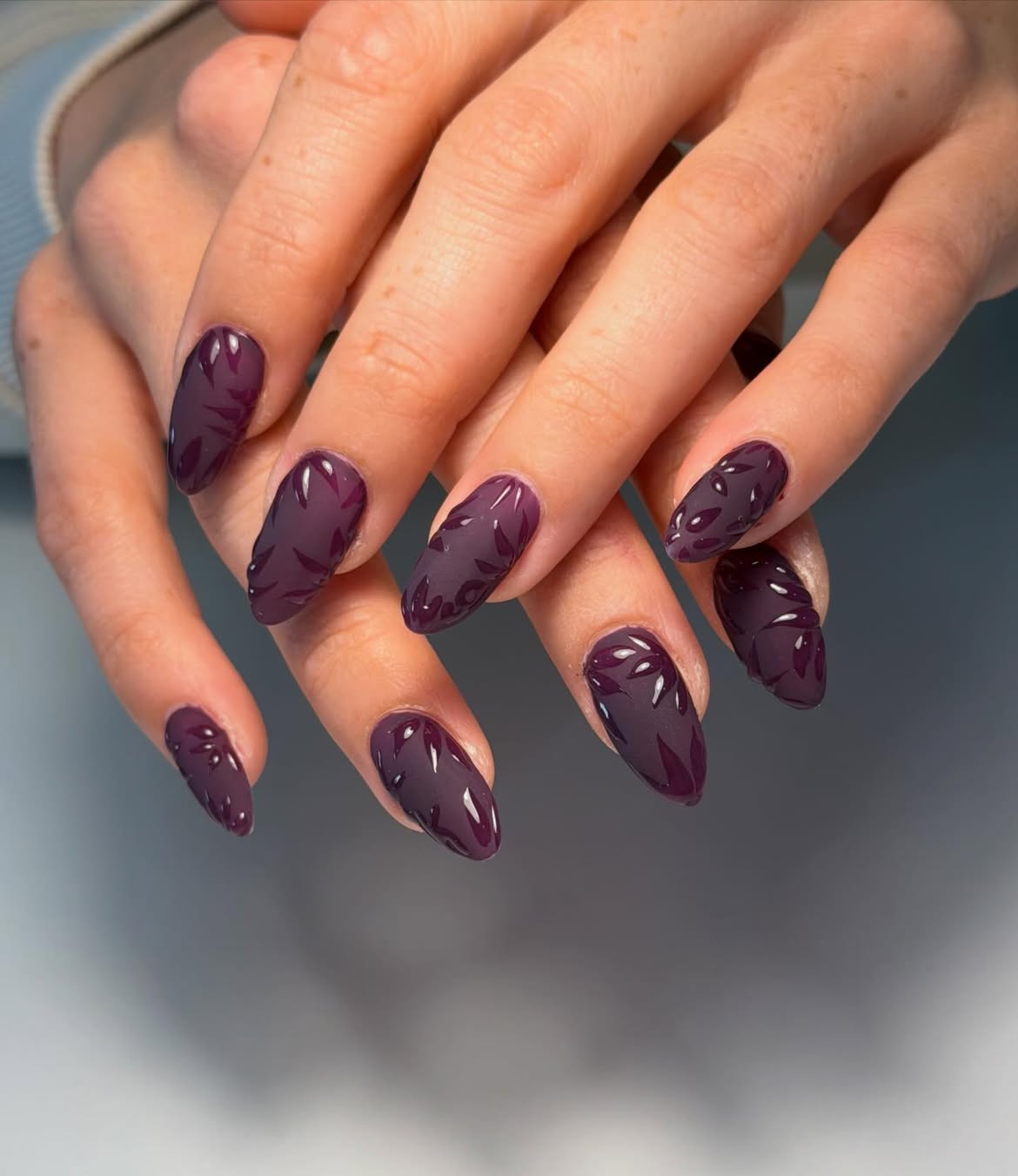 Deep Plum Matte Floral Almond Nails