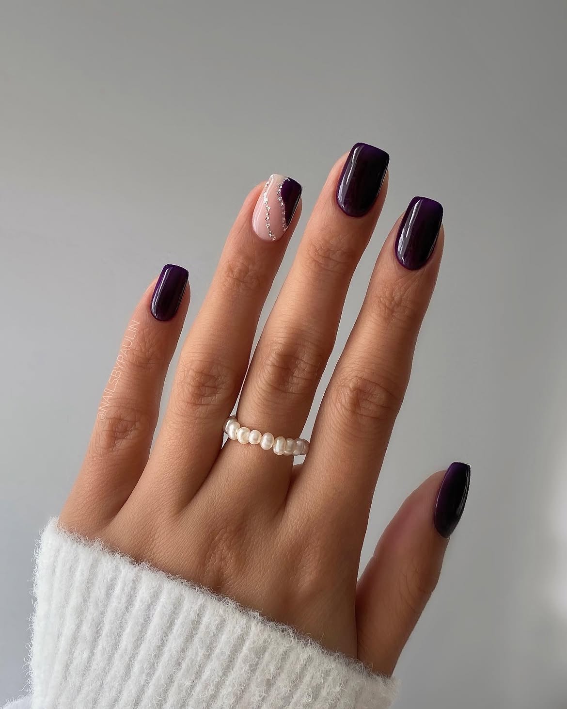 Deep Plum Square Nails with Pink Accent
