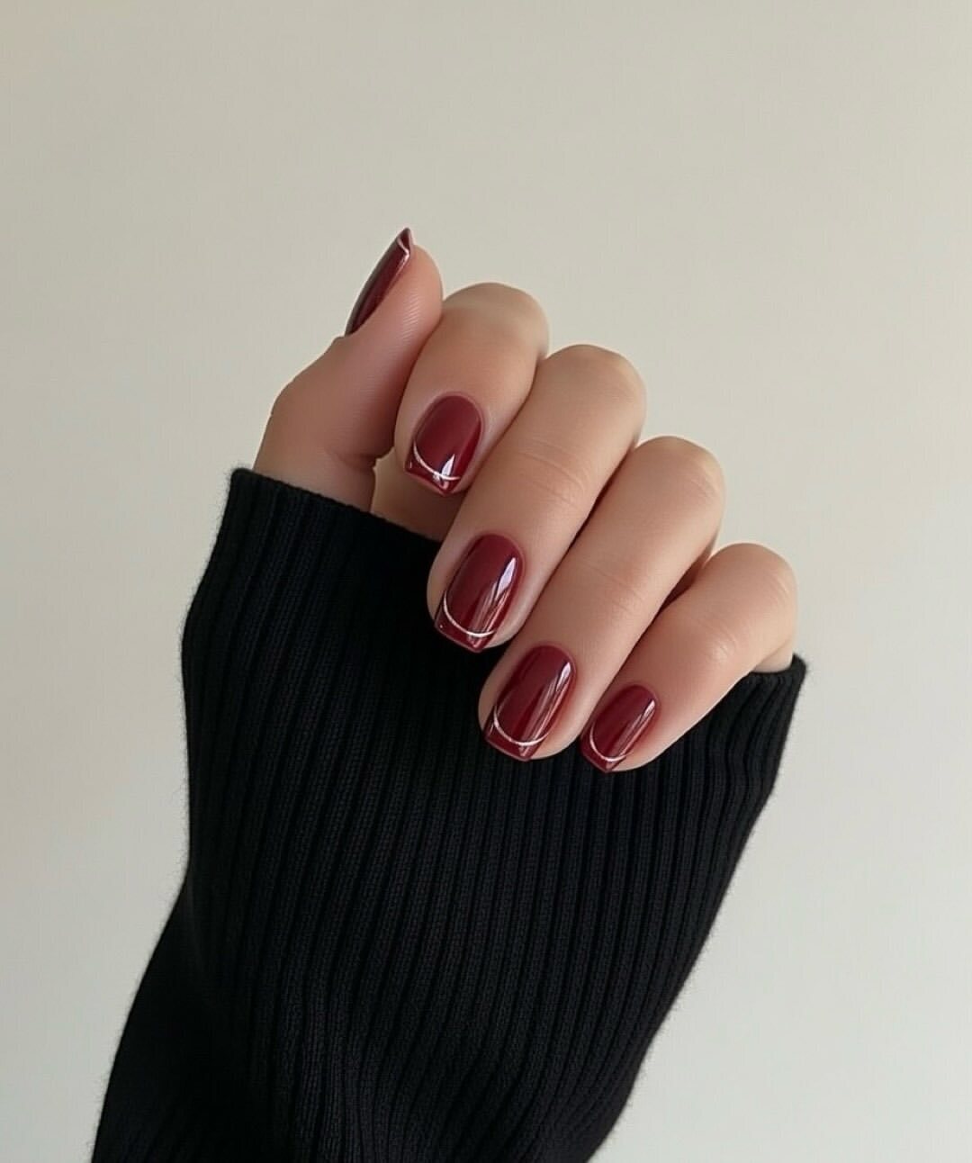 Deep Red French Tip Nails With Silver Outline