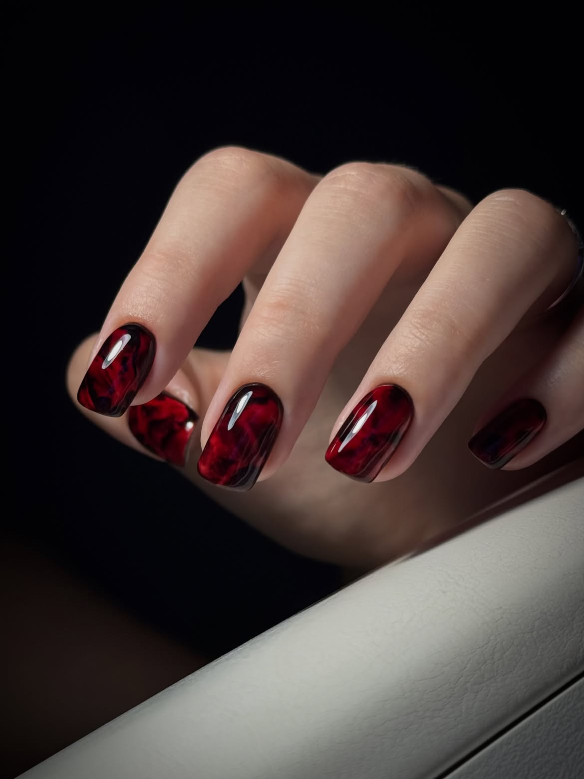 Deep Red Swirl Glossy Square Nails
