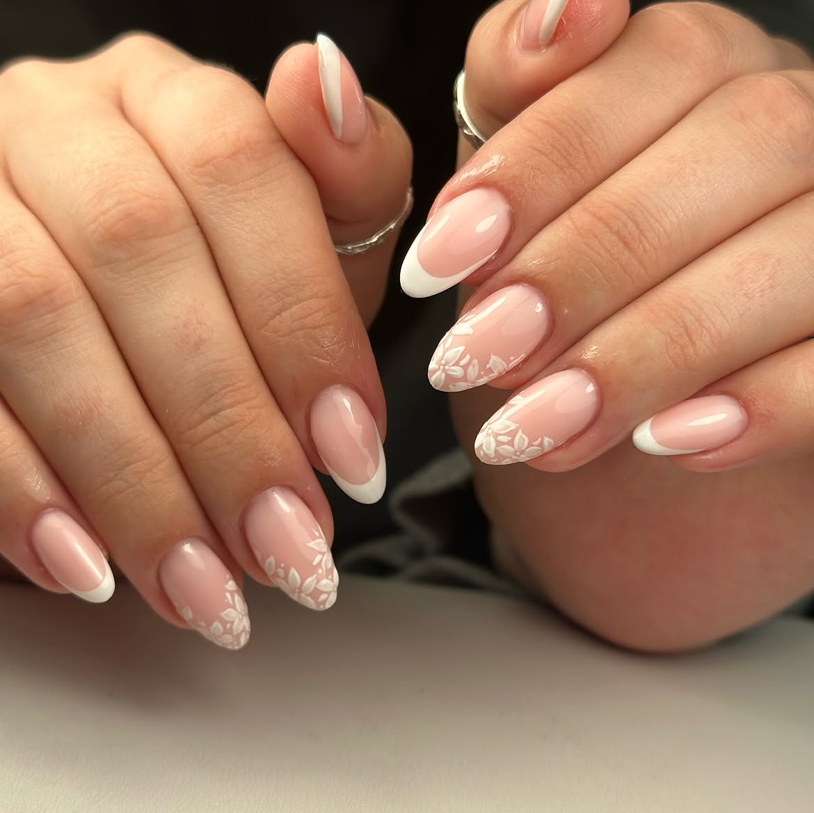 Delicate Floral French Almond Nails